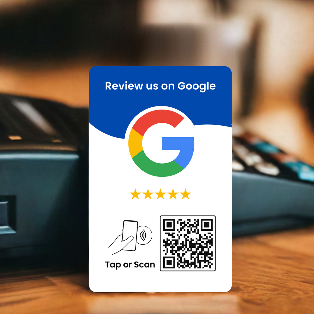 Google review NFC tap card displayed on a restaurant counter