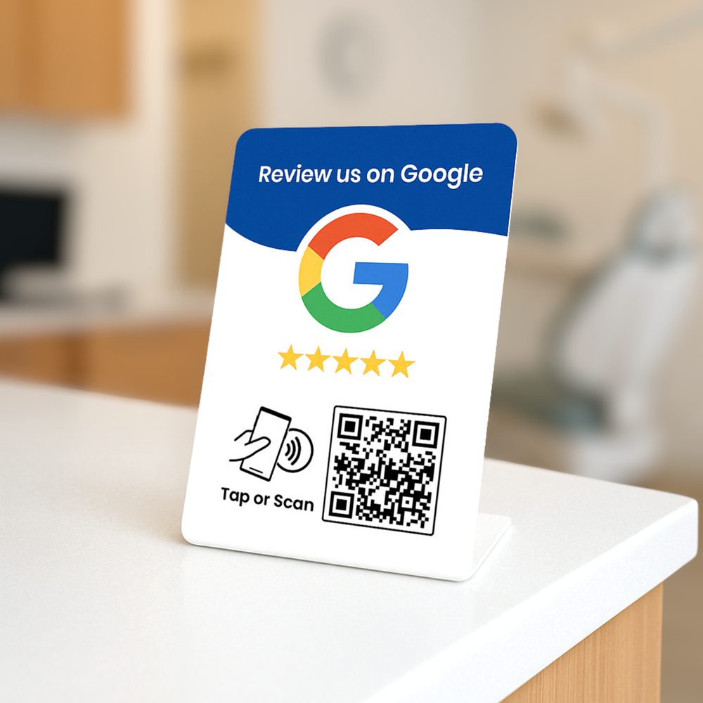 Google review stand displayed on a reception counter